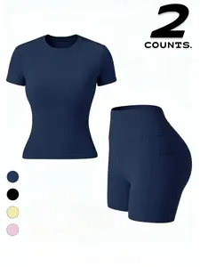 Women's Sporty Suit, Plain Short Sleeve T-Shirt & High Waist Shorts, Slim Fit, Ideal for Fitness and Running, Casual Athletic Wear, Sweatsuit Set, Workout Summer Clothes