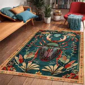 Vintage Beetle Floral Printed Carpet for Living Room & Bedroom, Foldable and Washable Area Rug, Modern Retro Design, Non-Slip Plush Mat for Home Decor, Boho Floral Rug