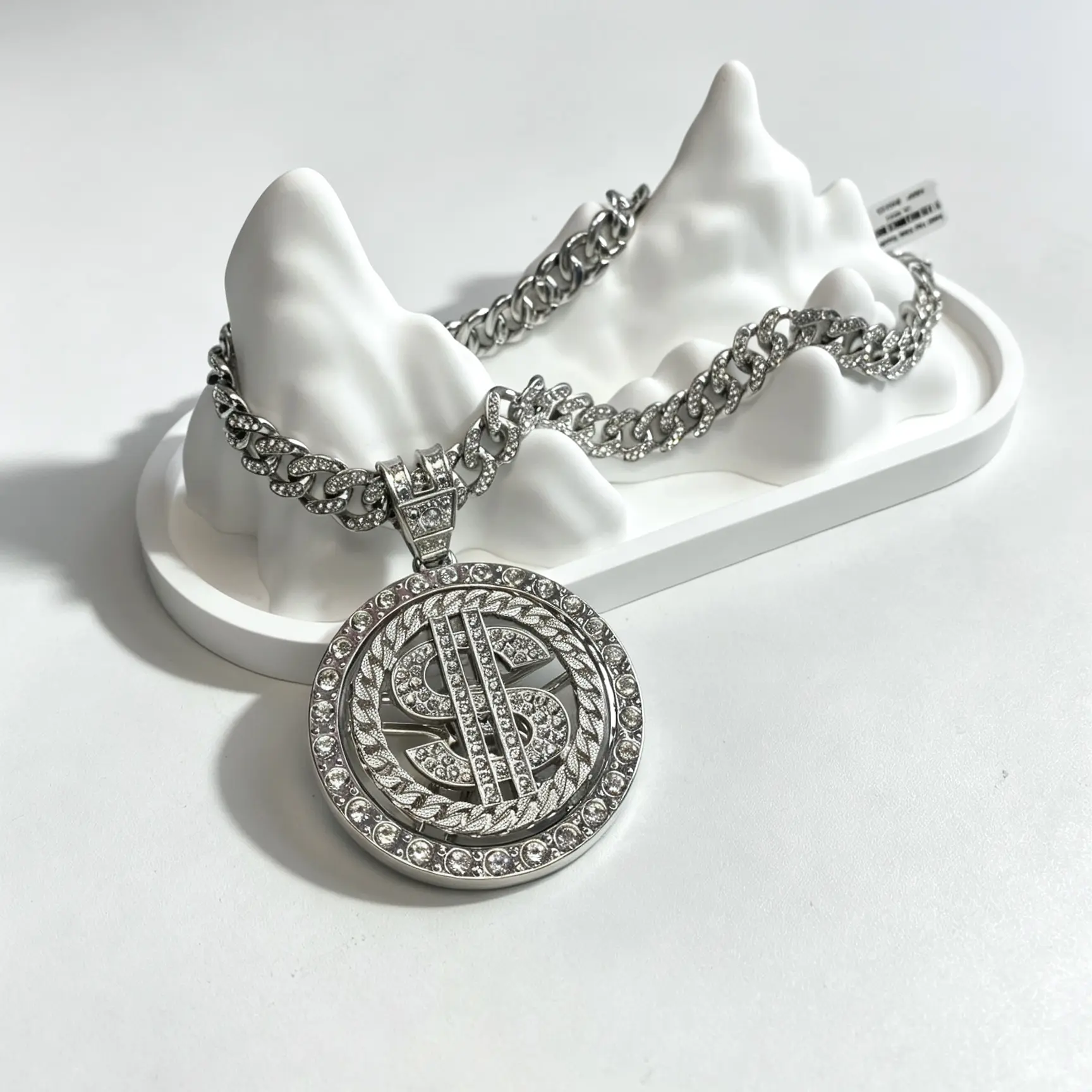Iced Bling Dollar Symbol Medallion Pendant Necklace for Men, 14MM Full Paved Crystal Cuban Chain, Silver Tone Hip Hop Statement Accessory, Ideal for Concert, Party & Daily Street Style