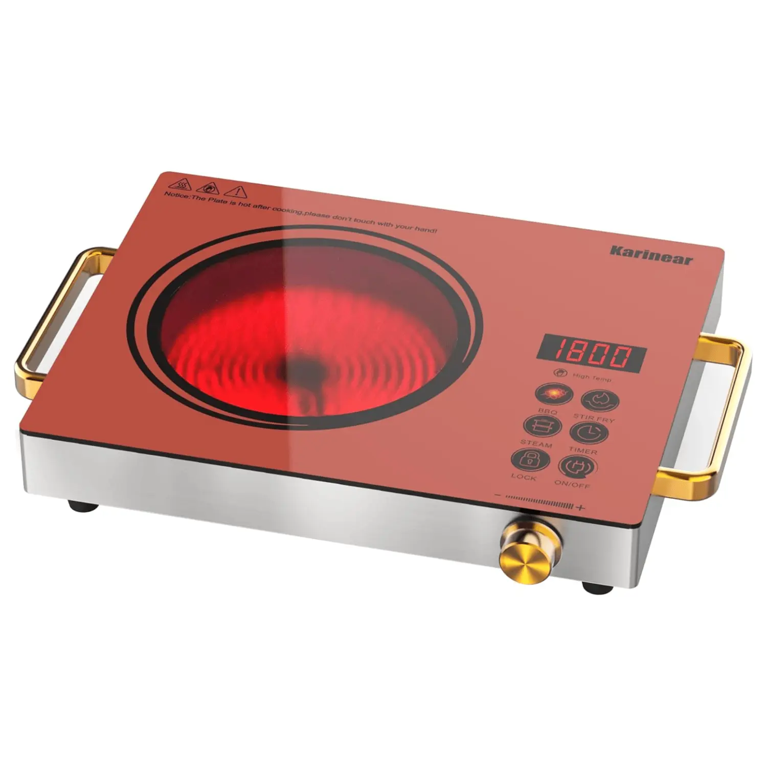 Karinear 1800W Cordless Portable Electric Stove - Single Burner Ceramic Infrared Cooktop with Handle, Knob Control, Timer, Child Lock, Stainless Body, Compact Form, US Plug, 5.6 lbs, 110~120V Home Kitchen Appliance