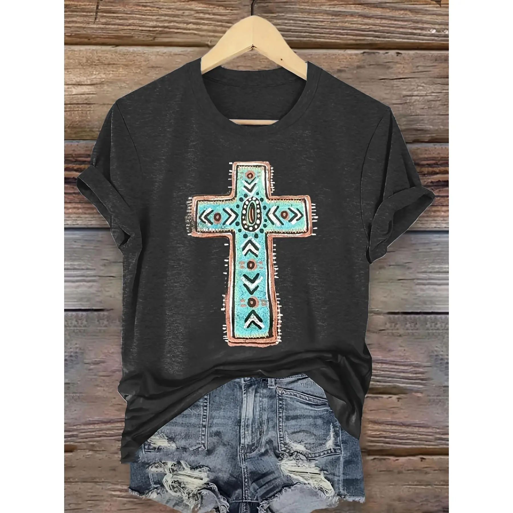Women's Southwestern Cross Graphic Tee - Soft Cotton Blend Casual Short Sleeve Shirt with Turquoise & Earth-Tone Design, All-Season Comfort for Casual Attire, Ladies T Shirts Top Womenswear Black Crewneck Fitted Shortsleeve