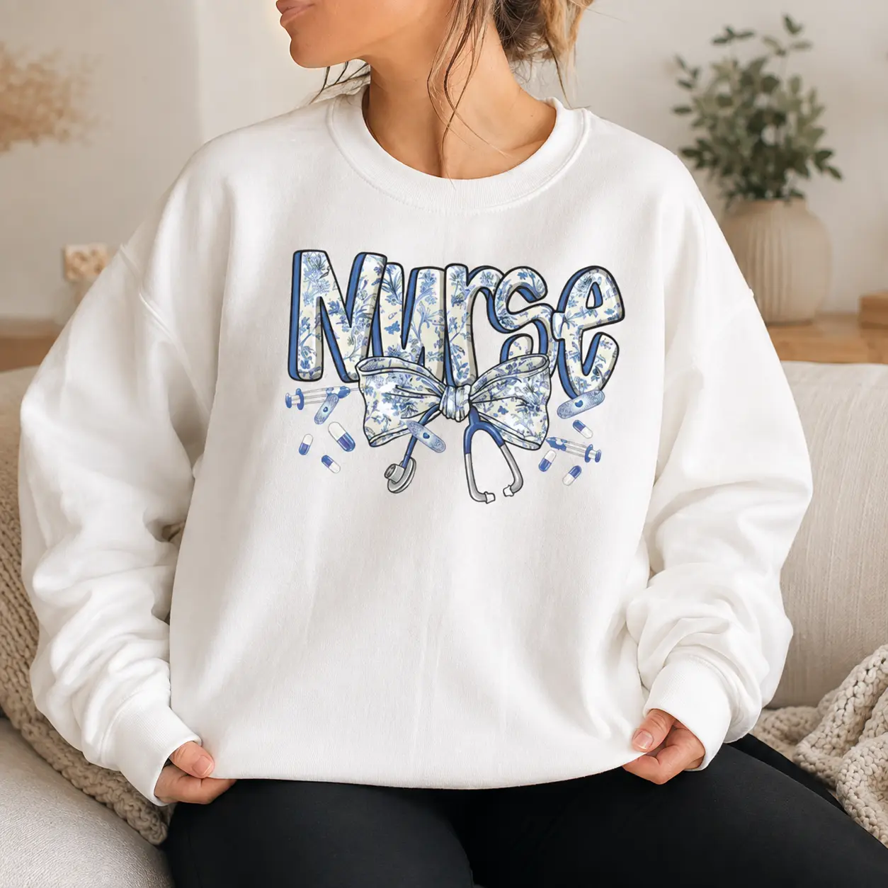 Women's Casual Blue Floral Bow Stethoscope Sweatshirt - Vintage Toile Pattern RN LPN Nursing Student Appreciation Gift Top, Hoodie