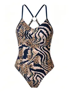 Leopard Zebra Print One Piece Swimsuit for Women Backless Cutout Bathing Suit with O-Ring Adjustable Straps High Cut Slimming Swimwear for Beach Pool Vacation