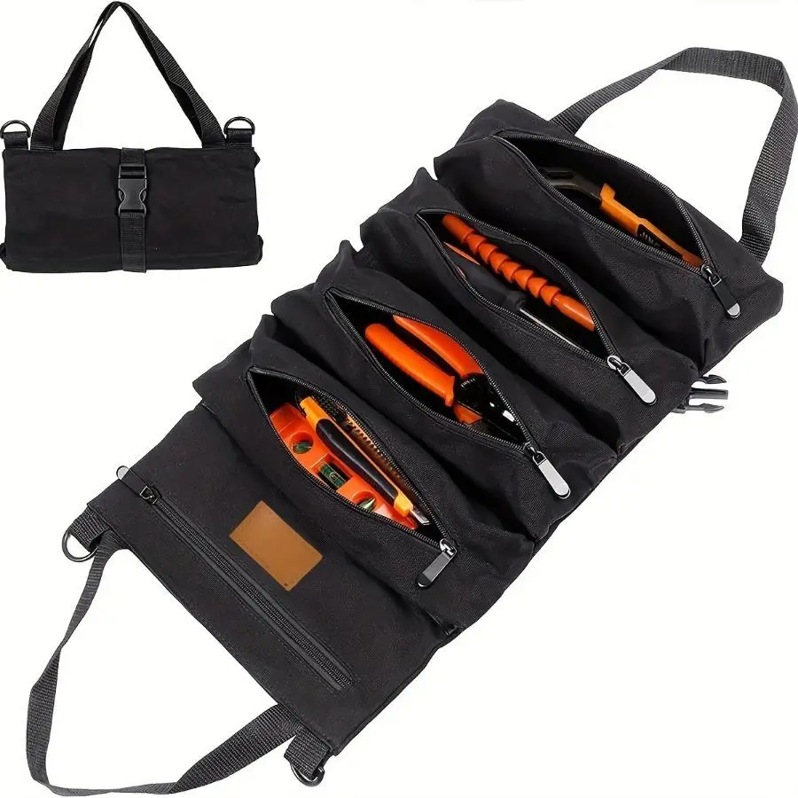 Car Tool Roll-up Storage Bag, Multi-purpose Roll Up Tool Bag, Zipper Canvas Tool Roll Organizer, Suitable for Car Camping Use
