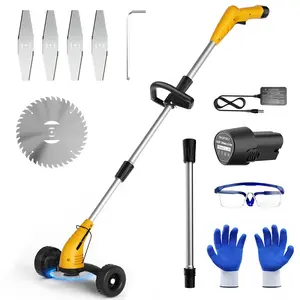 Gardenjoy 12V Cordless Grass Trimmer with Metal Blades, 2000mAh Battery, Fast Charger, 2 Detachable Poles, for Yard & Garden, Yellow
