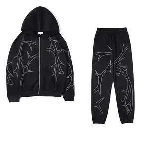 Casual Abstract Print Sweatpants Set, Zip-up Long Sleeve Hoodie & Elastic Waist Jogger Pants Outfits, Women's Clothing
