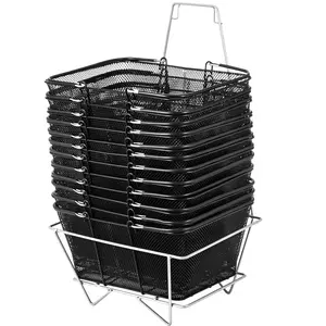 Shopping Baskets With Handles, 12-Pack, Black Metal Wire Mesh Baskets, Portable Wire Shopping Baskets Set for Supermarkets, Retail Stores, Grocery Shopping, Stackable, Heavy-Duty Carrying, Reusable Shopping Caddies