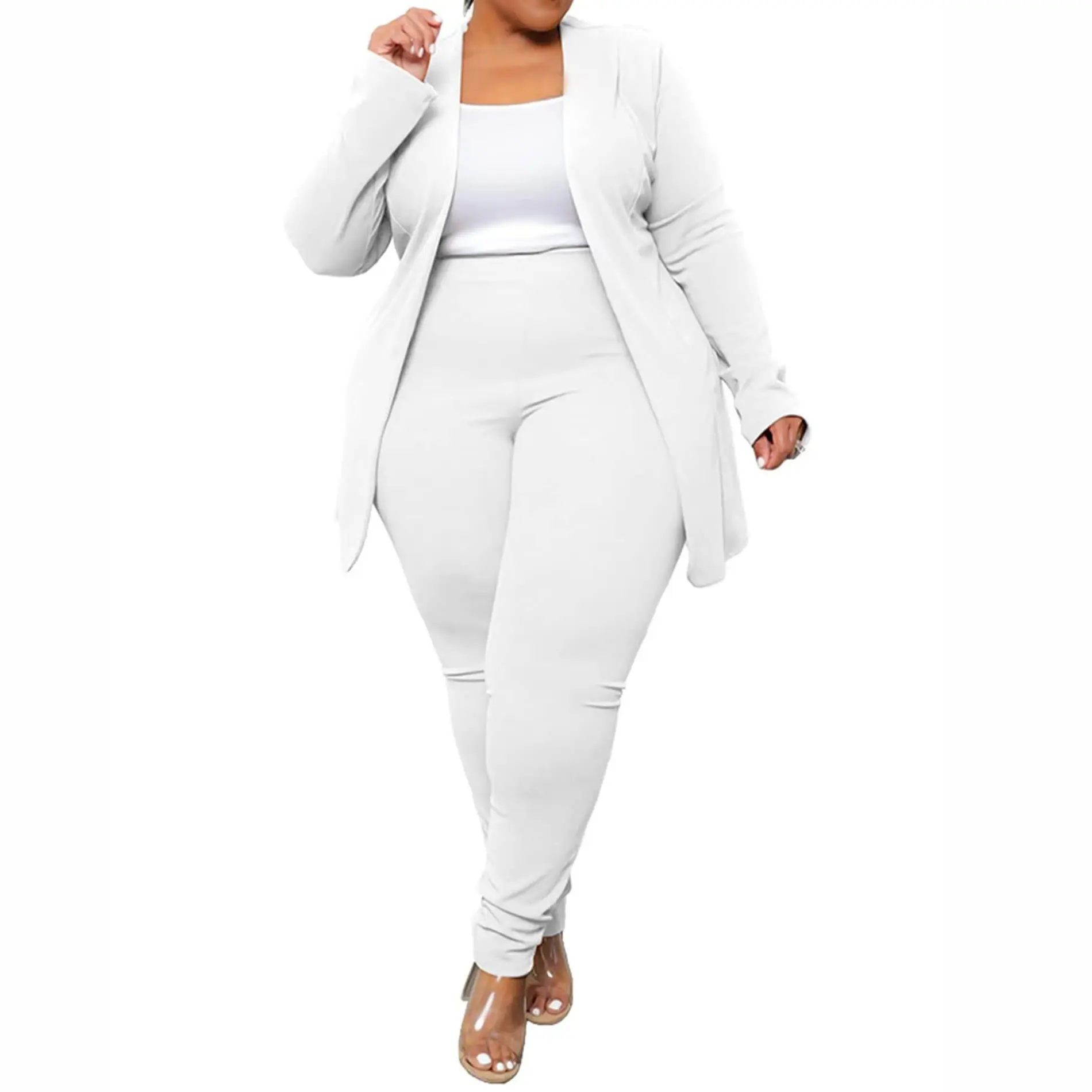 Women's Plus Size 2-Piece Elegant Formal Business Suit - Long Sleeve Open Front Loose-Fitting Blazer, High Stretch Elastic Waist Solid Long Trousers for Wedding, Party, Lady, Plussize, Clothes, Polyester, Square Neck, Full Sleeves, Ankle Length, Wedding W