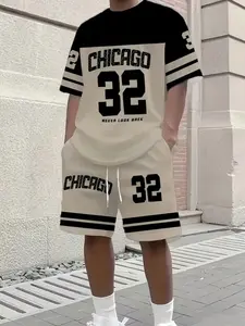 Men's Chicago Theme '32' Number 22 Logo Print T-Shirt and Matching Shorts Set, Casual Fitted for Adult Fans