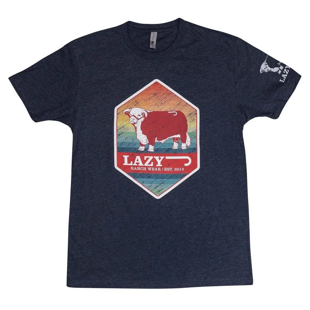 Men's Loose-Fitting Graphic Tshirt, Casual Navy Shortsleeve Rain Hereford Print Top, Menswear - Runs Smaller, Lazy J Ranch, Round Neck, Casual Fit, Short Sleeve