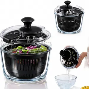 Good Girps 3.2 Qt Glass Salad Spinner Small Vegetable Dryer with Drain Microwave Safe Dishwasher Safe with Transparent Lid Crank Handle Quick Spin Greens Washer for Lettuce Herbs Fruits