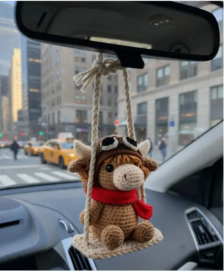 Highland Cow Crochet Car Hanging Charm – Handmade Cow Rear View Mirror Ornament, Cute Amigurumi Car Decor, Aviator Cow Gift