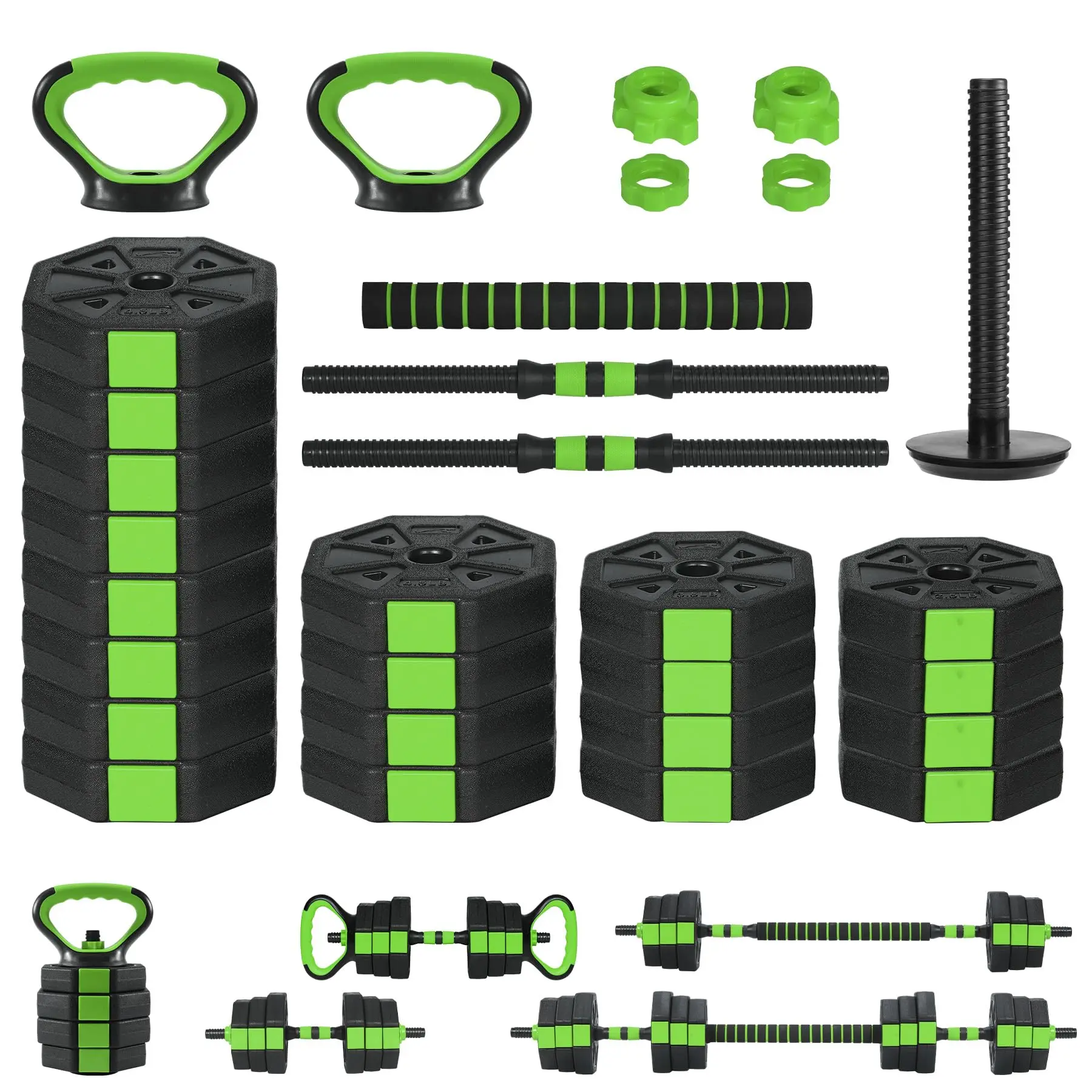 88 lbs 4-in-1 Octagonal Adjustable Dumbbell Set, Cement & Iron Sand Composite Weights, Convertible to Kettlebell & Barbell, Anti-Slip Handles for Home Gym (Black/Green), Full Body Workout, Home Workout Equipment
