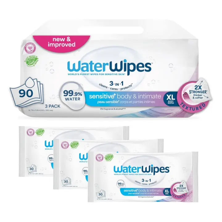 WaterWipes Sensitive+ Body & Intimate Wipes, 3-In-1 Cleans, Cares, Protects, 99.9% Water, Unscented & Hypoallergenic Hygiene Wet Wipes, Adult Care, 90 Wipes (3 Packs)