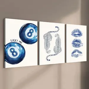 3-Piece Wood Framed Canvas Art Set, Blue Lucky 8 Balls Leopard Lip Print Wall Decor, Modern Home Decoration, Waterproof High-Definition Prints