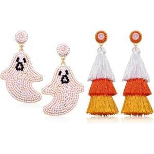2 Pairs Halloween Earrings Beaded Ghost Candy Corn Tassel Dangle Earrings Spooky Halloween Costumes Decorations Party Jewelry Gifts Ghost Tassel