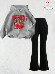 Y2K Sweet Cool Cherry Ootd Hoodie and Bell Bottoms Flared Set, Vintage Leopard Print, Soft Loose Fit, High Waist, All Seasons, Street Style