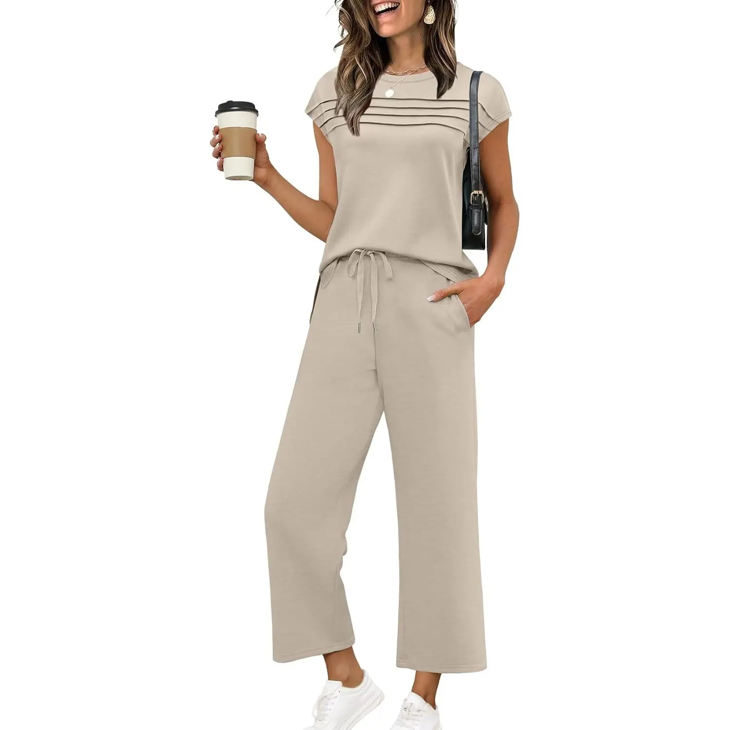 Two Piece Sets for Women Summer Travel Vacation Outfits Cap Sleeve Lounge Matching Sets Wide Leg Pants S-3XL Beach Clothes