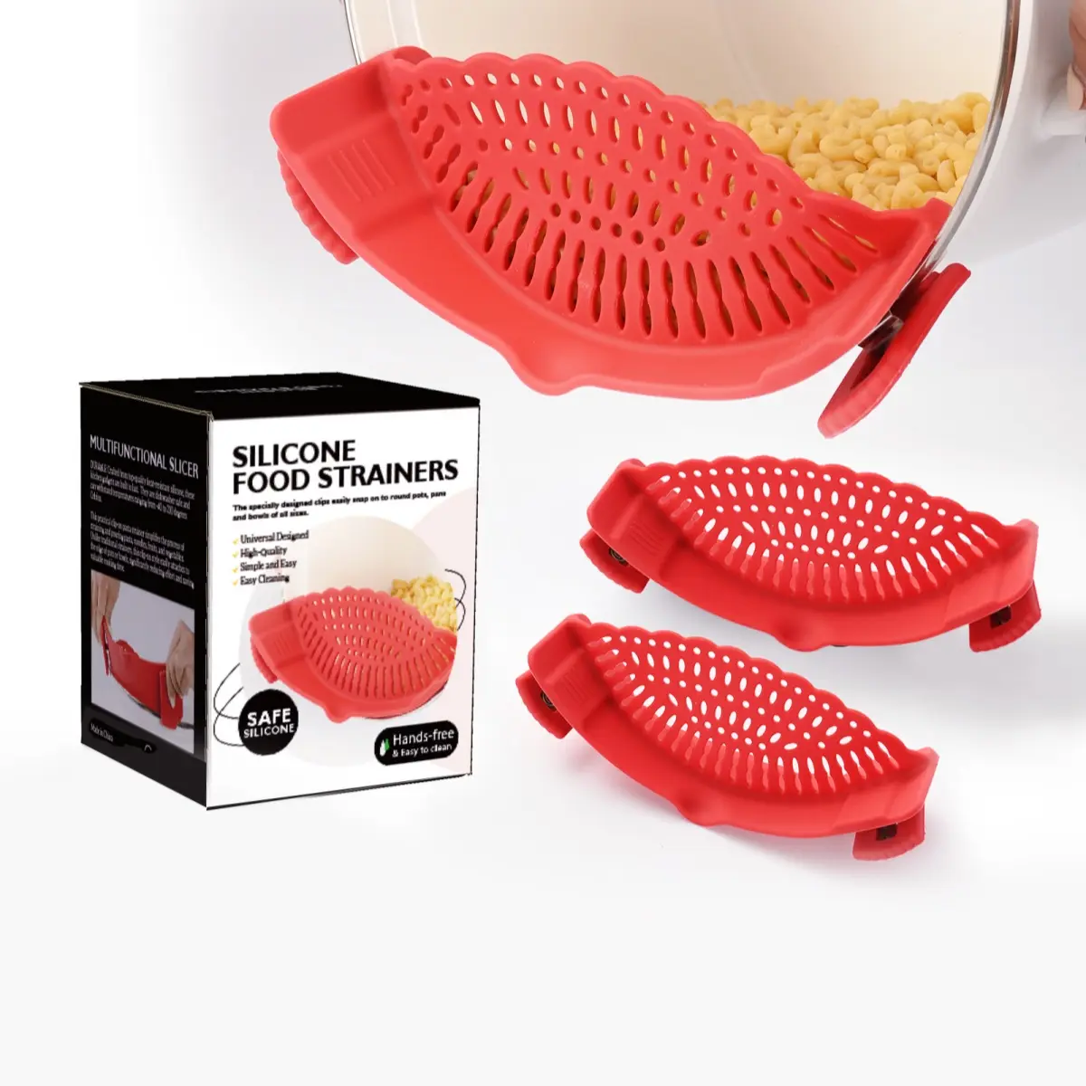 Clip-On Silicone Pasta Strainer for Pots & Pans – Heat Resistant Snap-On Colander for Noodles, Veggies & Easy Draining | Space-Saving Kitchen Gadget