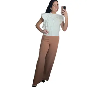 Something Rosa Taupe Trouser Pants for Women, Elegant and Comfortable with Zipper Fly and Side Pockets - Button