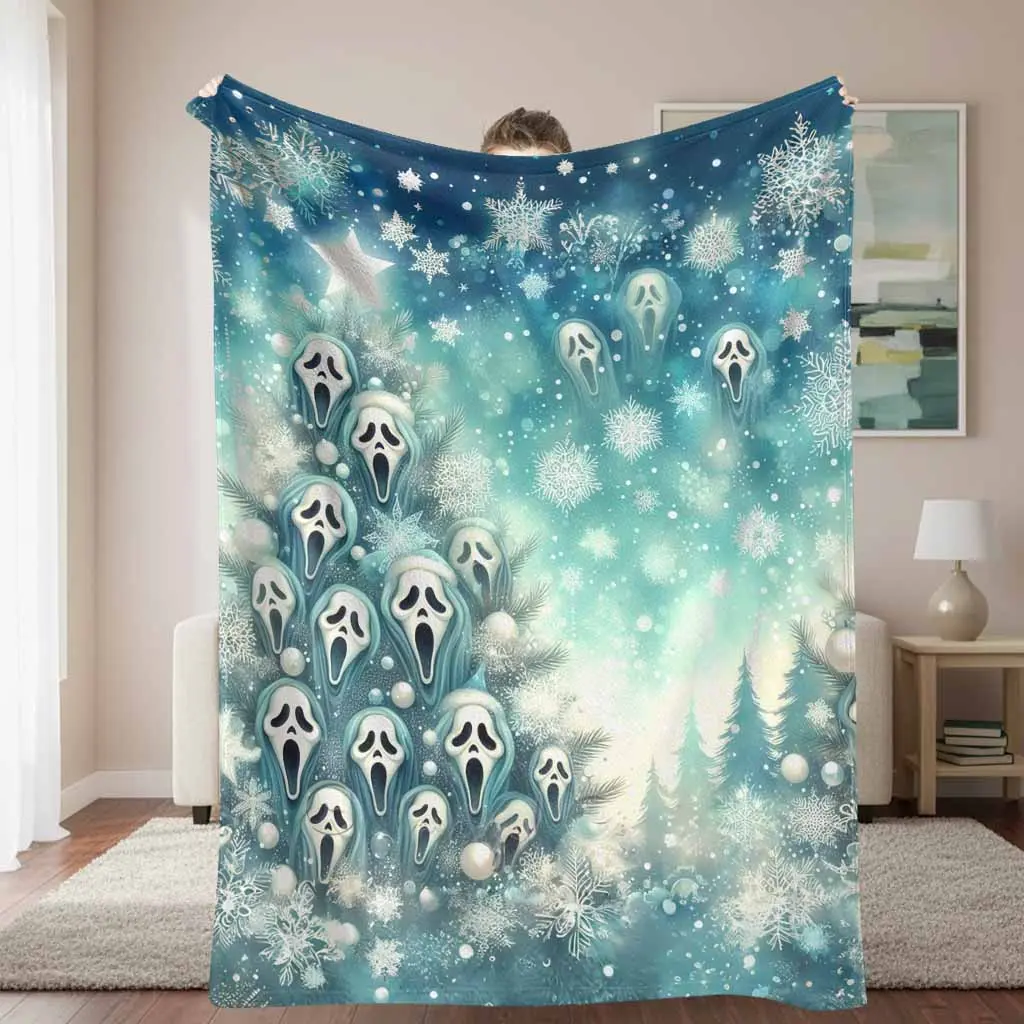 Lightweight Throw Blanket - Ghost Shaped, Scream Movie Inspired, Zombies-Themed Graphic, Christmas Print, Haunted Aesthetic Flannel Blanket, Soft, Warm, Cozy for Christmas Decor, Holiday Gifting, Ghost Shaped Blankets