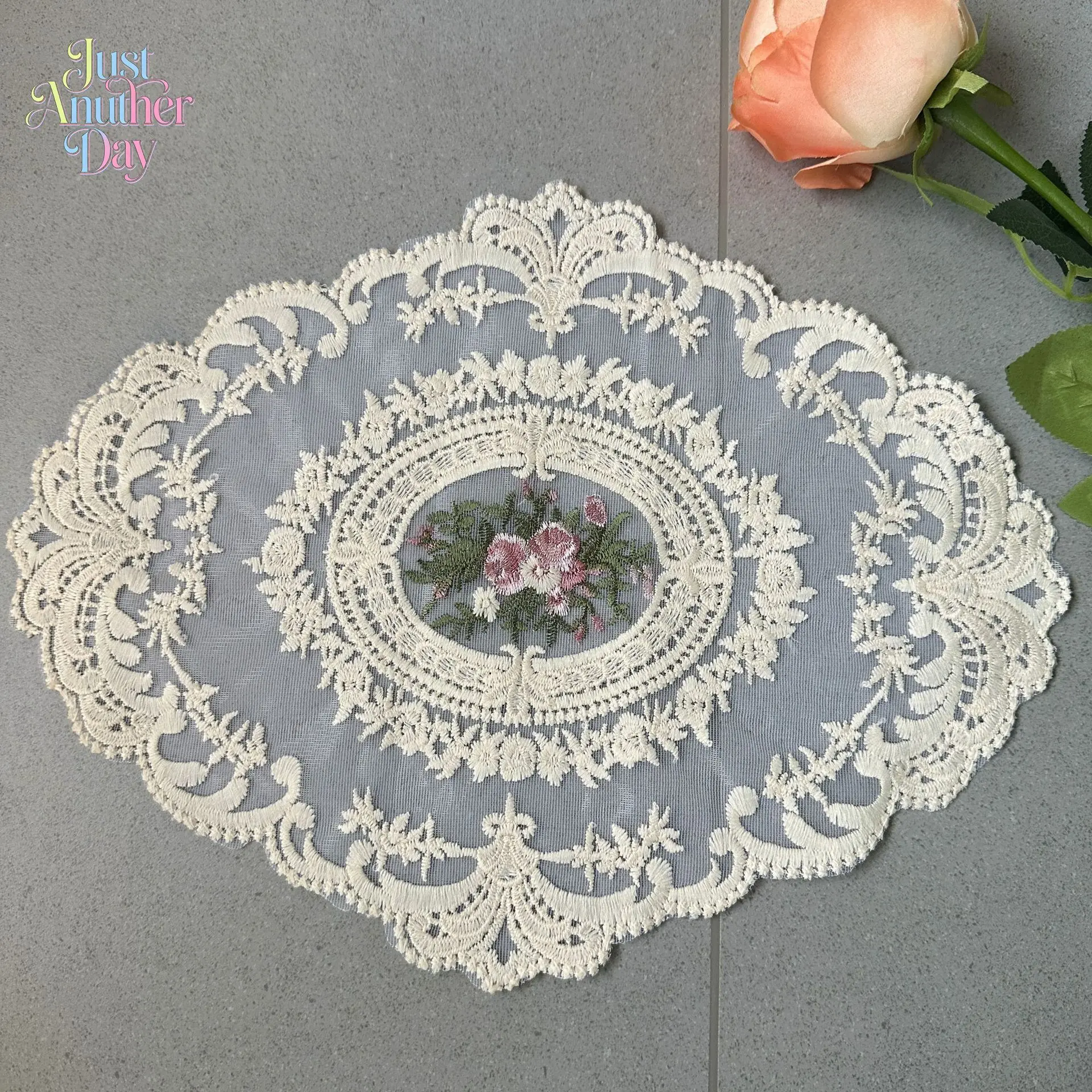 2Pcs French Lace Doilies, Vintage Floral Embroidered Oval Table Mats, Elegant Mesh Fabric Placemats for Coffee Table Decor & Photography Props