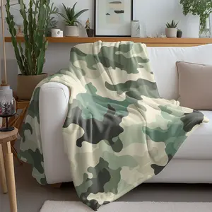 Soft Green Camouflage Flannel Blanket, Neutral Earth Tone Camo Throw Blanket, 1 Count Soft Warm Comfortable Blanket for Home, Office, Travel and Camping