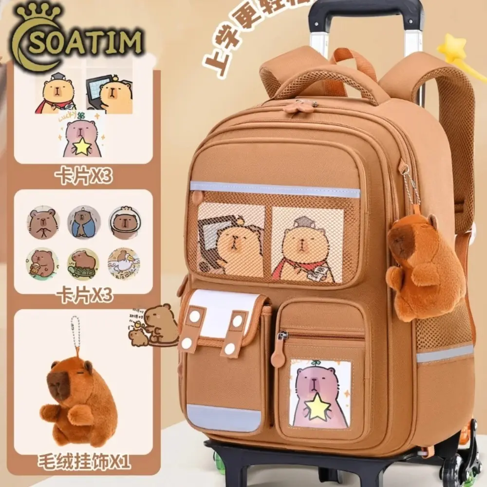 Capybara Children Cartoon School Backpack with Wheels Students Bags for Girls Boys Trolley  Schoolbag Rolling Wheeled Backpacks