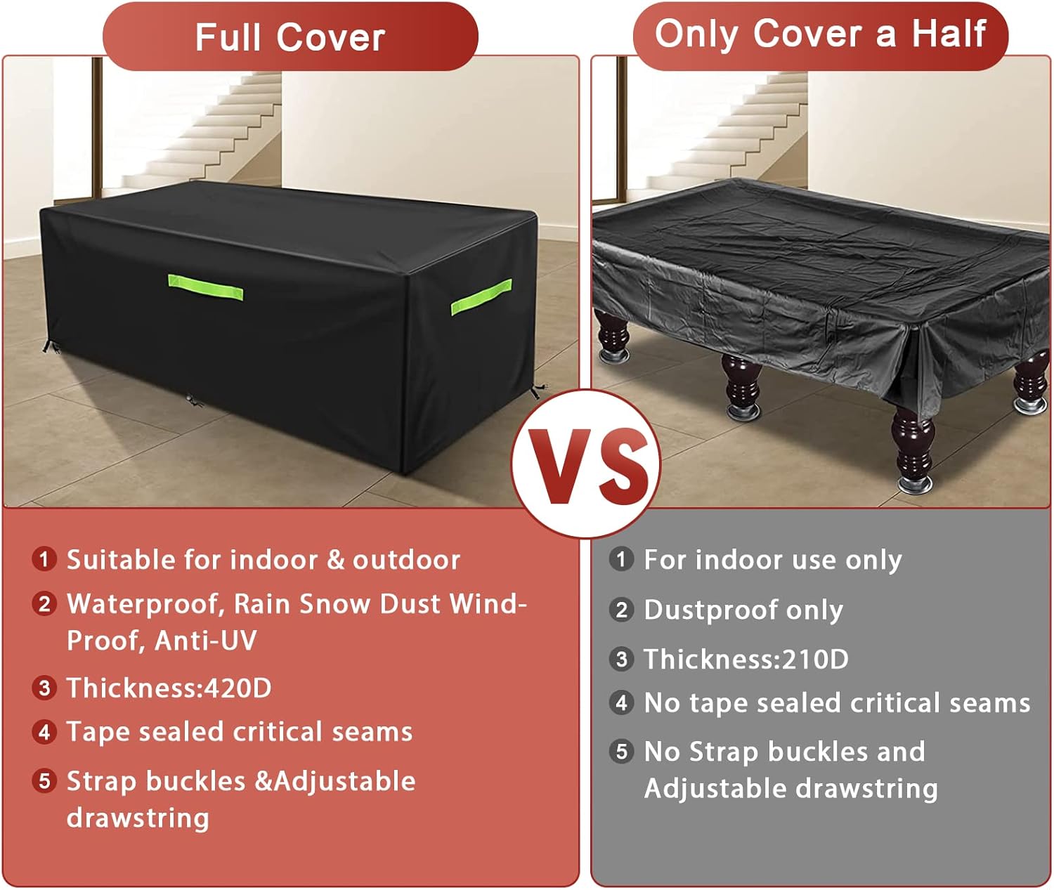 8 FT Waterproof Billiards Table Full Cover - Indoor-Outdoor Use, Handles, Buckle Secure, Drawstring Tie, Standard Fit (102x53x32 in, Black)