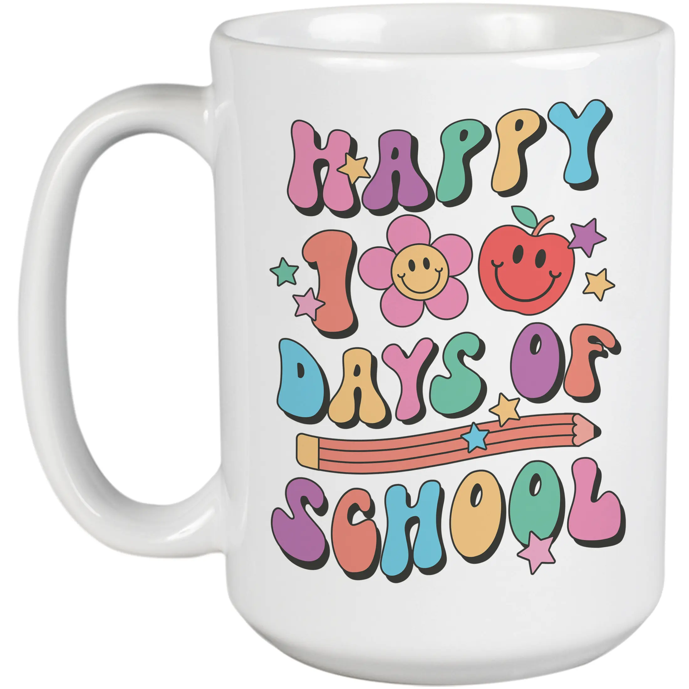 Happy 100 Days of School, 90s Retro Groovy Wavy Text & Back-To-School Themed Merch Gift, White 15oz Ceramic Mug