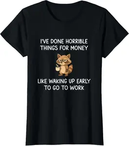 Women's Round Neck Short-Sleeve Animal Graphic T-Shirt - "I've Done Horrible Things for Money" Raccoon, Vintage Funny Cotton Fabric, Casual Unisex Streetwear