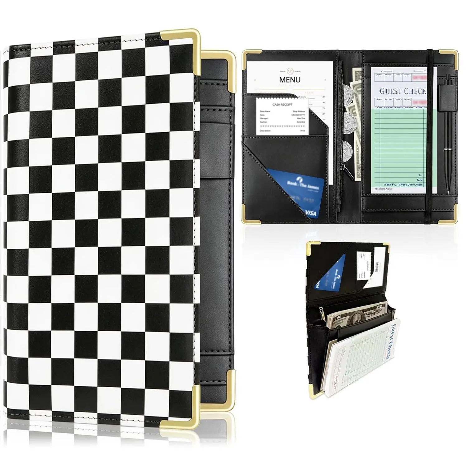 Server Book for Waitresses, Leather with Zipper Pocket, Retro Checkerboard Design Guest Check Holder Organizer for Restaurant Waitstaff (Black)