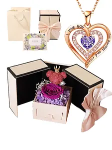 Heart Shaped Pendant Necklace with Bear & Rose Gift Box, Cute Charm Necklace As Jewelry Gift for Women, Fashion Accessories for Party, Daily Decor,Christmas Gifts For GF