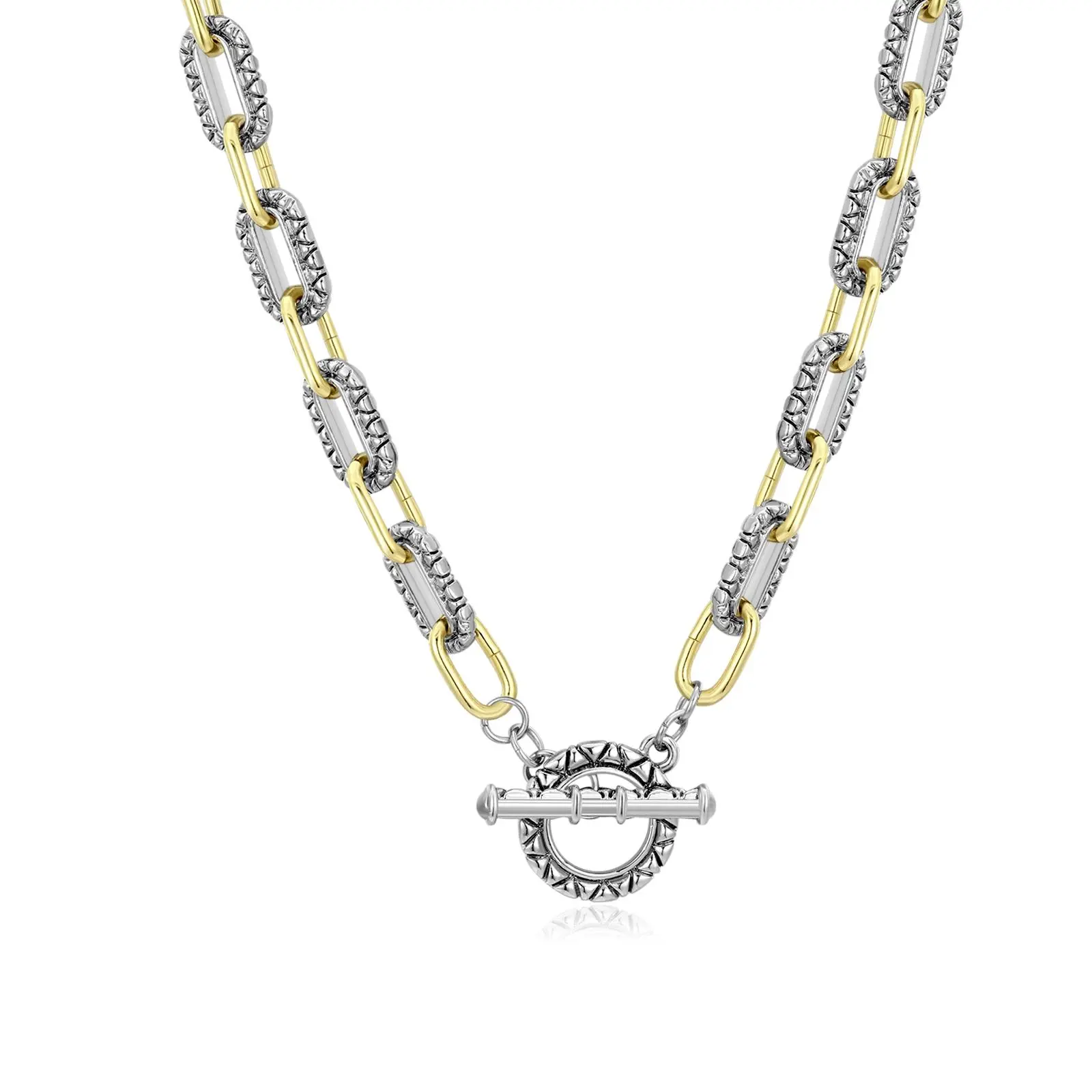 Aprilery Elegant Adjustable Two-Tone Textured Link Chain Necklace with Vintage-Inspired Toggle Clasp, Statement Jewelry for Women