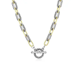 Aprilery Elegant Adjustable Two-Tone Textured Link Chain Necklace with Vintage-Inspired Toggle Clasp, Statement Jewelry for Women