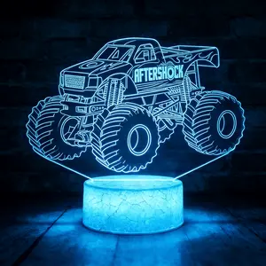 3D Night Lights for Children, Kids Night Lamp, Monster Trucks for Boys, 16 LED Colors Changing Lighting, Car Shape Acrylic Lighting Table Desk Bedroom Decoration, Ideas Birthday Xmas