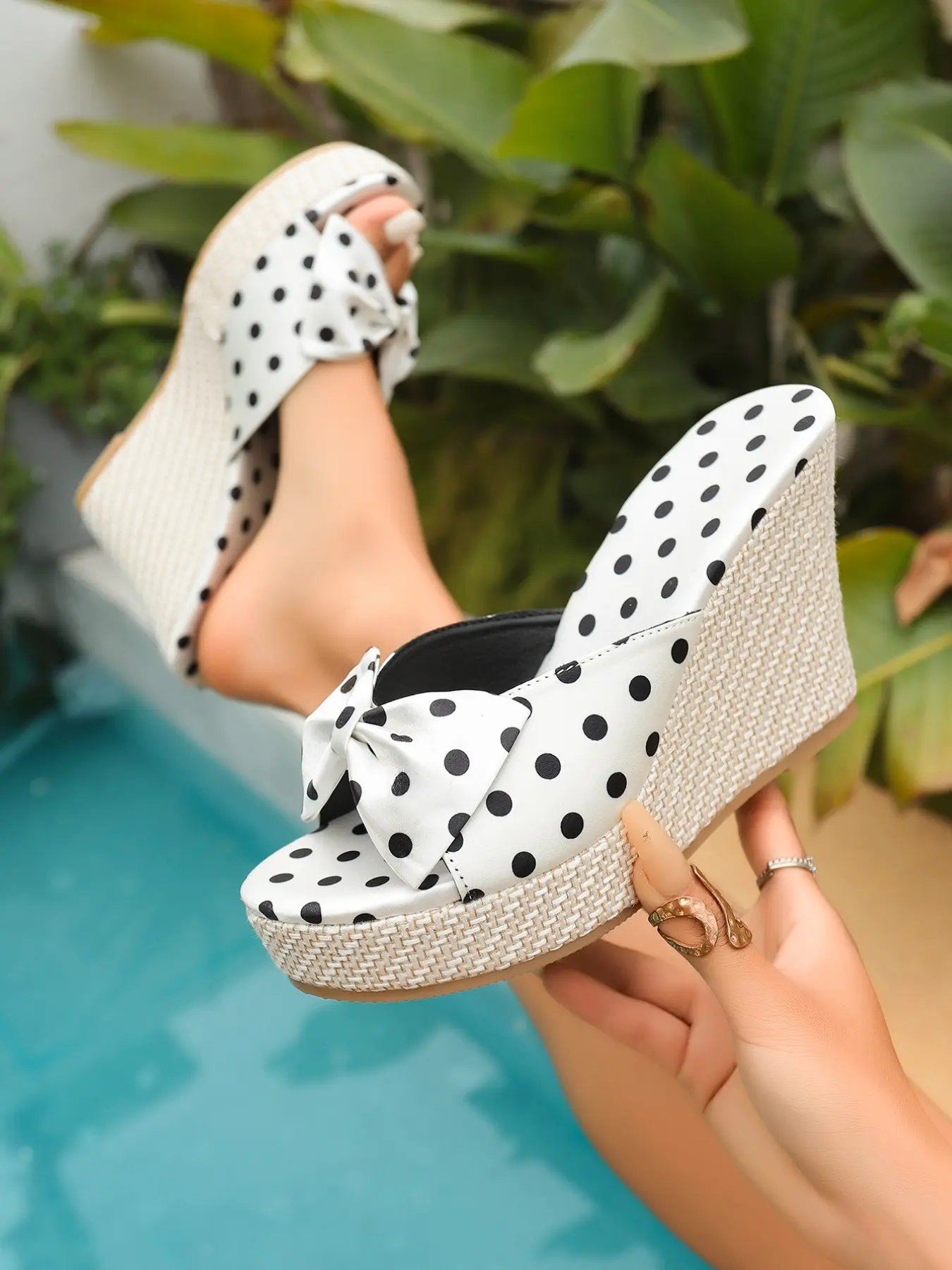 Women's Summer Thick Sole Wedge Heels Platform Shoes Sandals, Summer Wedges, Wedge Heeled Shoes, Bow Design, Bowknot Design Wedge, Print Open Toe Casual Fashion Slip-On Shoes, Comfortable and Stylish Footwear