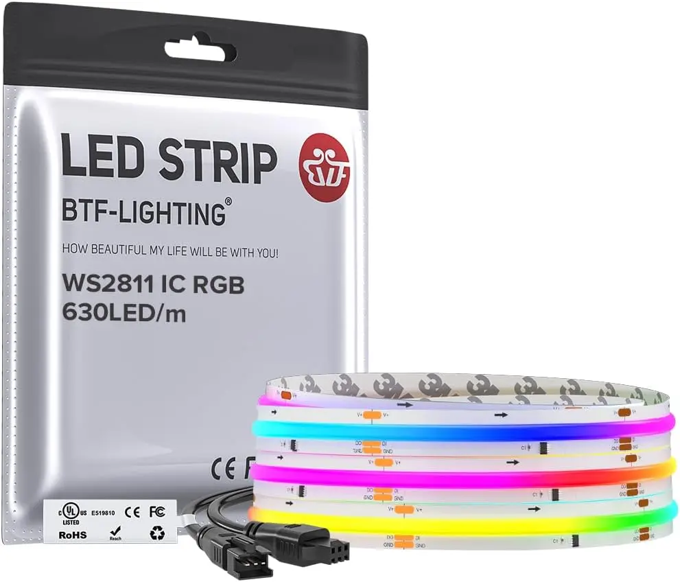 WS2811 Smart IC RGB Backlight LED Strip Lights - UL Listed, High Density 630LEDs/m Color-Chasing, 9.8FT 10mm Width Black PCB Board, BTF-Lighting Flip Chip SPI Uniform Light, DC12V Power Supply for Home Party DIY Decor (No Adapter/Controller)