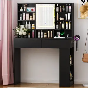 Makeup Vanity w/ Visible Glass Top, Get Ready with Me Vanity with Mirror, LED Sliding Mirror,Black