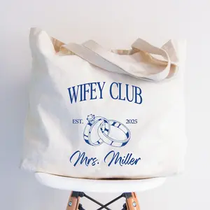 Personalized Wifey Club Tote Bag, Custom Bride Canvas Tote, Newlywed Gift Tote Bag, Mrs Name Wedding Tote, Cute Minimal Canvas Bag, Casual Reusable Tote