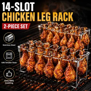 Chicken Leg Rack for Grill 14 Slots, 2-Piece Professional Grade Stainless Steel Chicken Drumstick Holder for Smoker, Oven, BBQ, Grill, Roasting, Camping Cookouts and Even Cooking Without Sticking