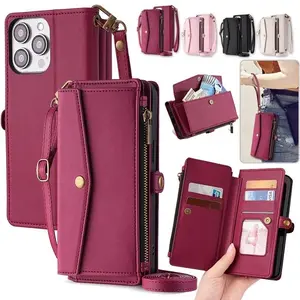 Lanyard Leather Wallet Phone Case for IPhone 17 Air 16E 16 Pro Max 15 Plus 14 13 12 11 SE 2022 Wrist Strap Card Cover Hoesje Bag