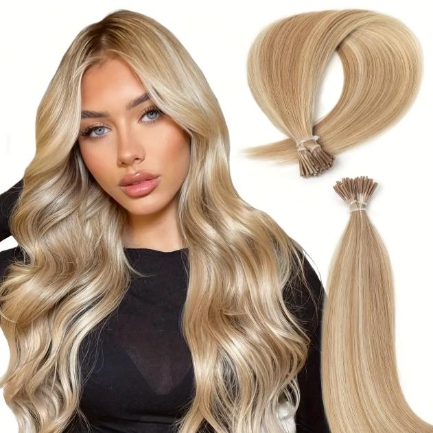 Luxurious Blonde I-Tip Human Hair Extensions 12-28 Inch 50pcs 30g/Pack 100% Remy Silky Straight Invisible Keratin Pre-Bonded No Tangle No Shedding Soft Natural Look For Daily Party Salon Use