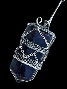 Medieval Rainbow Fluorite Point Sterling Chainmaille Gothic Crystal Elven Elvish Victorian Fantasy Wire Wrapped Gemstone Pendant Necklace