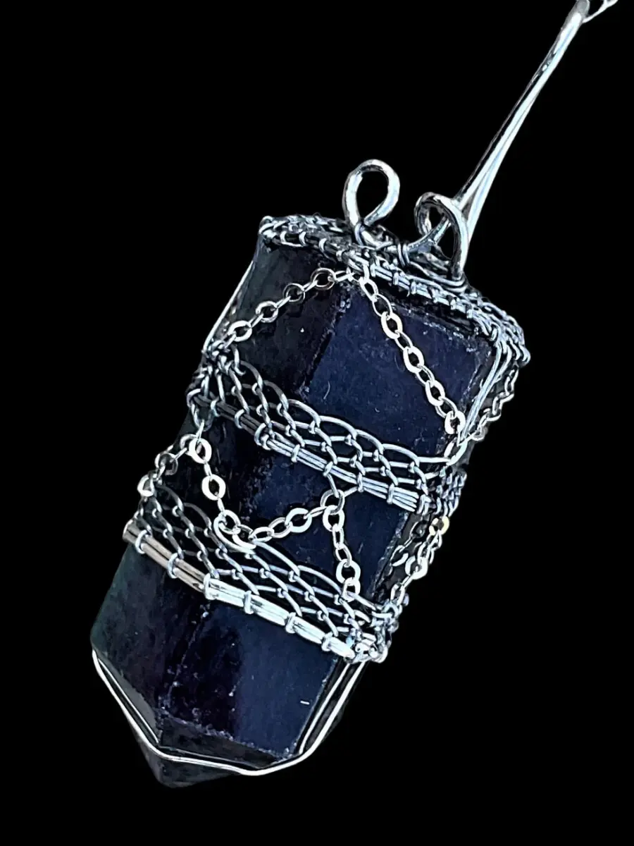 Medieval Rainbow Fluorite Point Sterling Chainmaille Gothic Crystal Elven Elvish Victorian Fantasy Wire Wrapped Gemstone Pendant Necklace