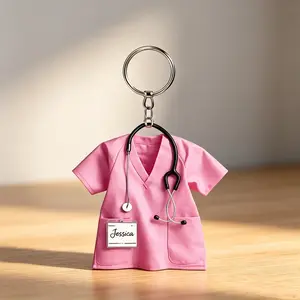 Pink Design Acrylic Nurse Uniform Keychain with Stethoscope - Healthcare Worker Uniform Pendant for Backpacks and Cars - Women'S Novelty Oval Keychain with Loop Clasp - Great for Nurses Day Decorations Custom Name!