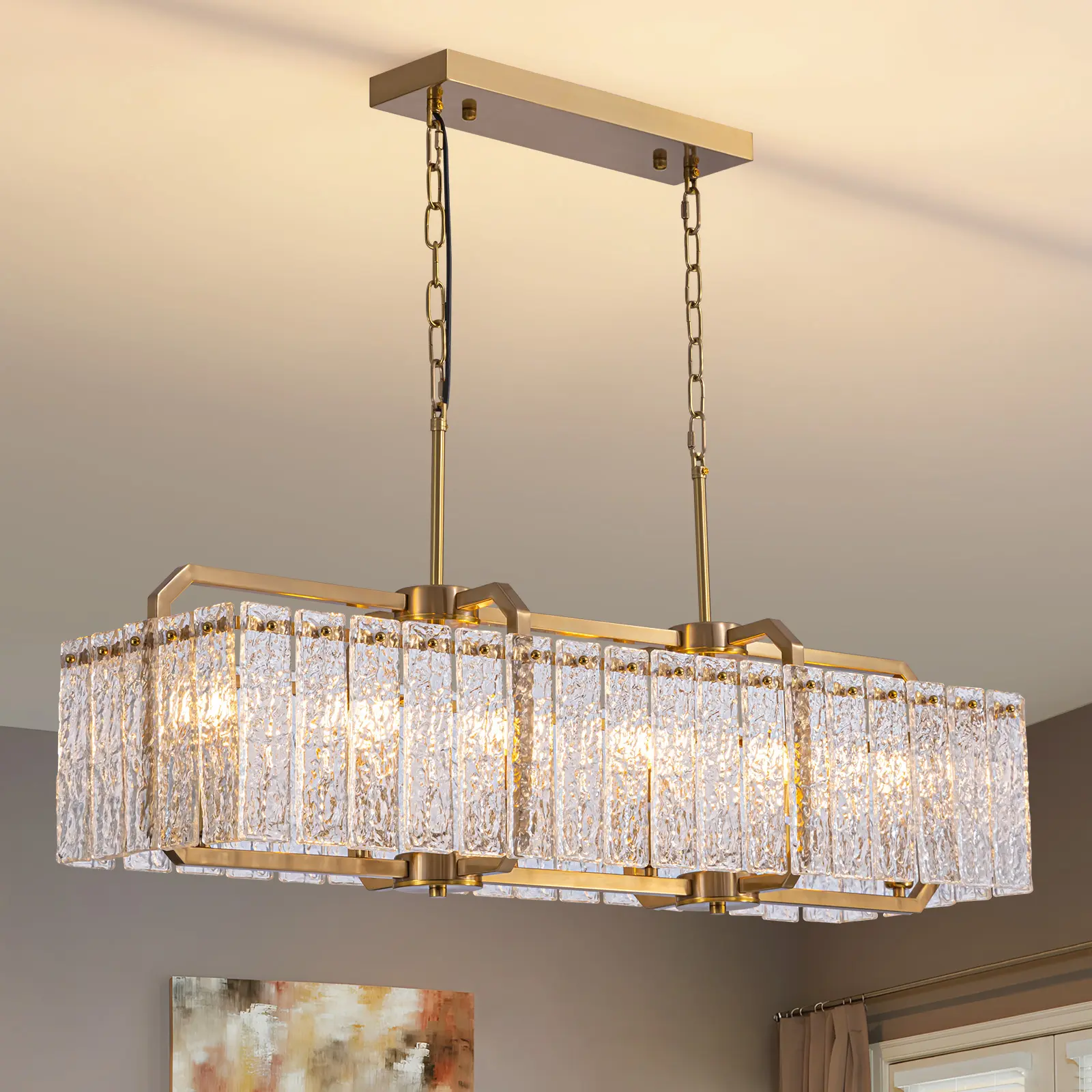 40in Crystal Rectangle Chandelier - Water Ripple Glass Linear Island Light Fixture, Dimmable Indoor Ceiling Decorative Lamp for Kitchen Island, Dining Rooms