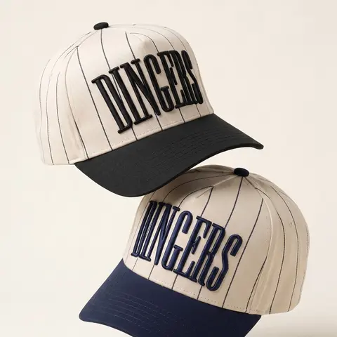 KenzKustomz Dingers Striped Vintage Trucker Hat, Unisex Adjustable Snapback Baseball Cap, Flat Bill Cotton Trucker Cap for Men & Women, Navy Blue & Black, Baseball Season Hat, Baseball Mom & Fan Gift
