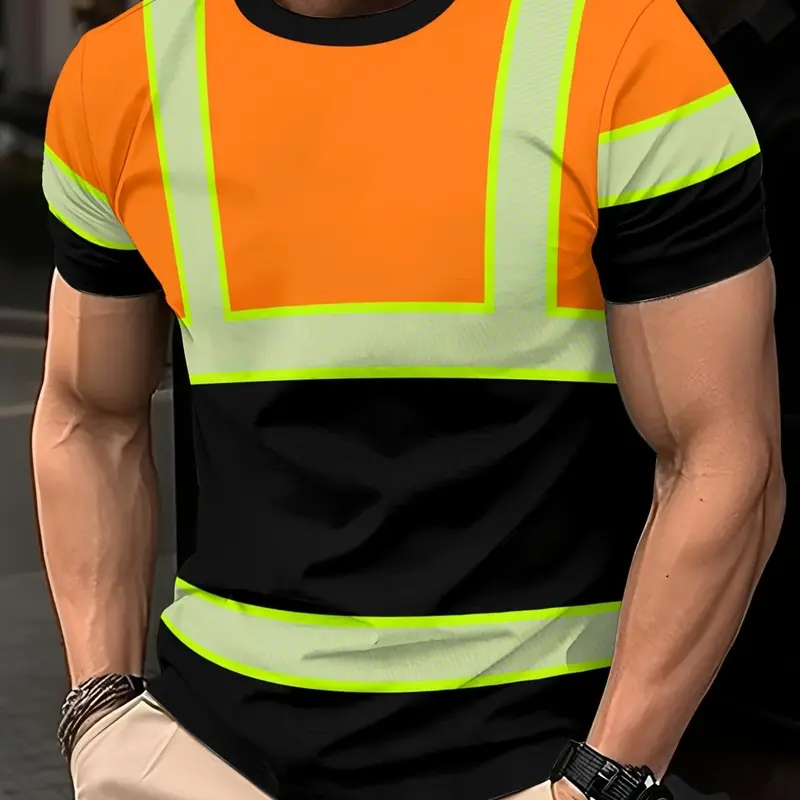 Colorblock Short Sleeve T-Shirt, Unisex Design Workwear Safety Shirt, High Visibility Casual Loose-Fit Top, Graphic Pattern