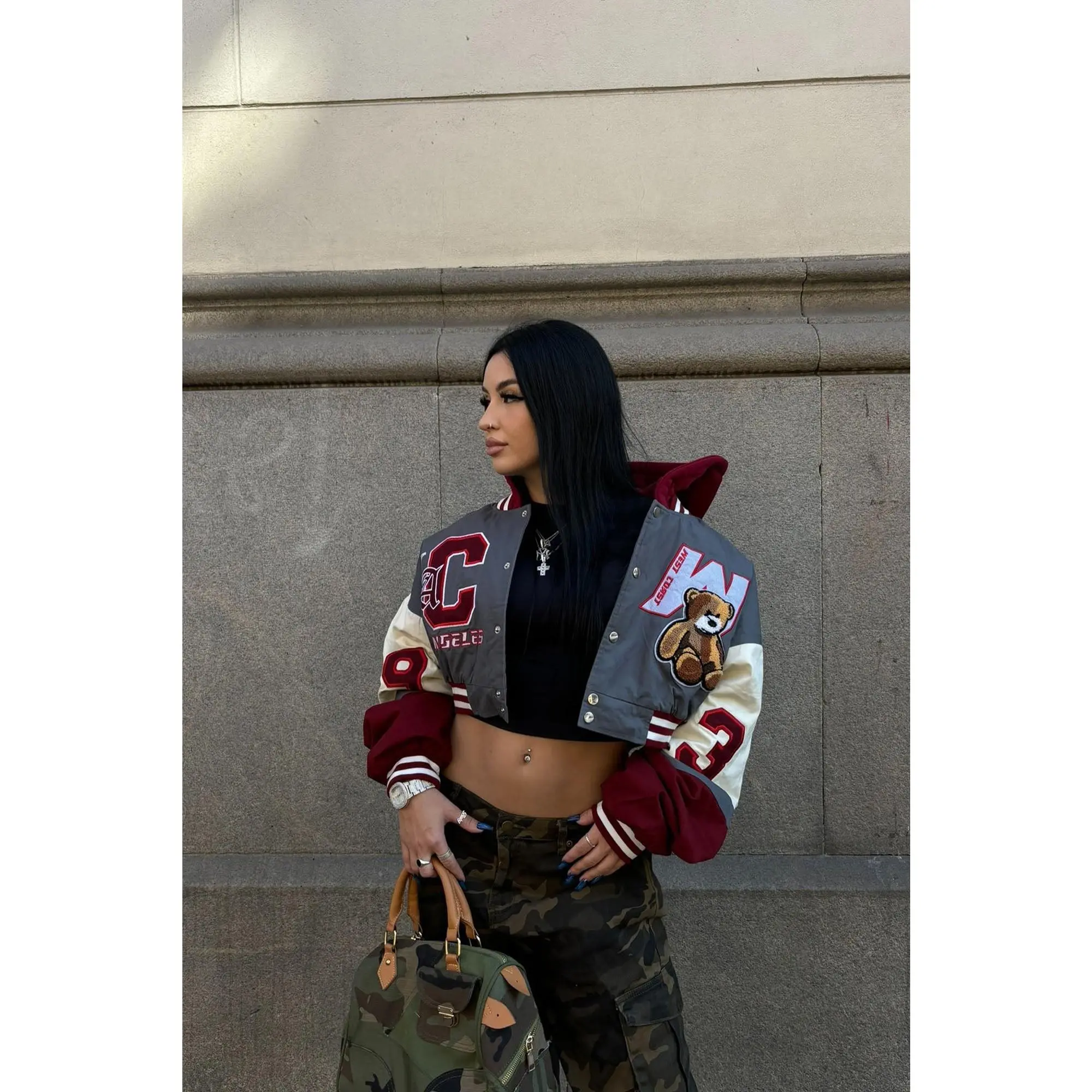 Cali Teddy Bomber Jacket - Grey/Combo